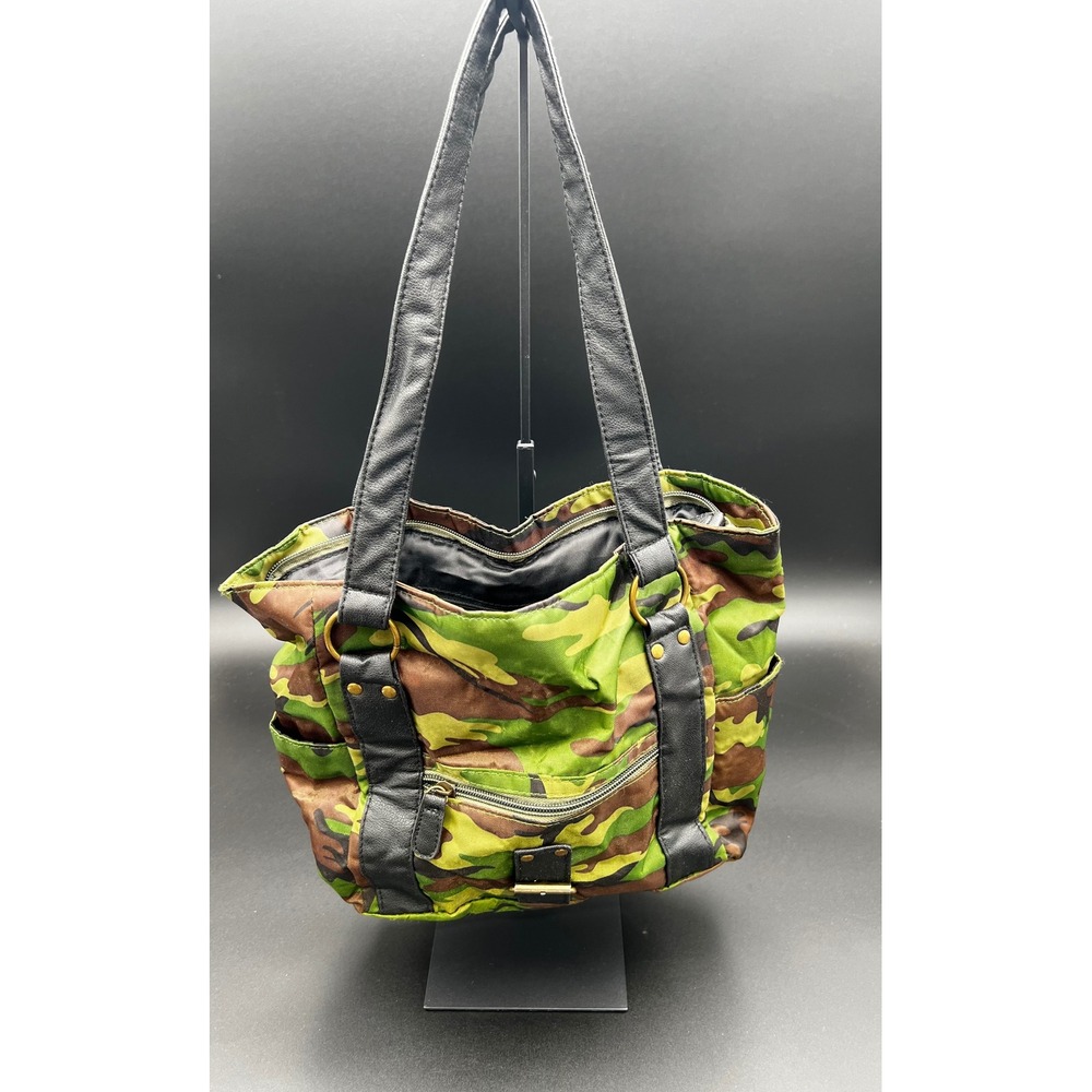 Green Camouflage Print Shoulder Bag Faux Leather Trim Multi-Pocket Tote